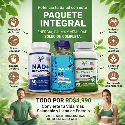 Combo de Bienestar (ASHWAGANDA, NAD + RESVERATROL, OMEGA 3)