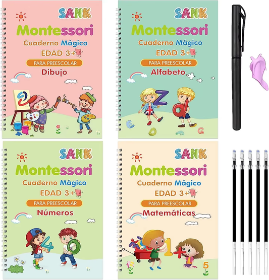 Sank Magic™ Kit 4 cuadernos mágicos de caligrafía reutilizables + Lapiz con 10 recargas de tinta