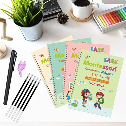 Sank Magic™ Kit 4 cuadernos mágicos de caligrafía reutilizables + Lapiz con 10 recargas de tinta
